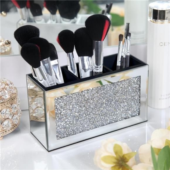 Mirrored Makeup Brush Holder Organizer, 3 Slot Glass Cosmetics Brushes Storage